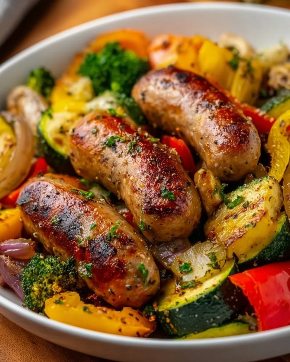 Quick air fryer chicken sausage and veggies meal ready to serve