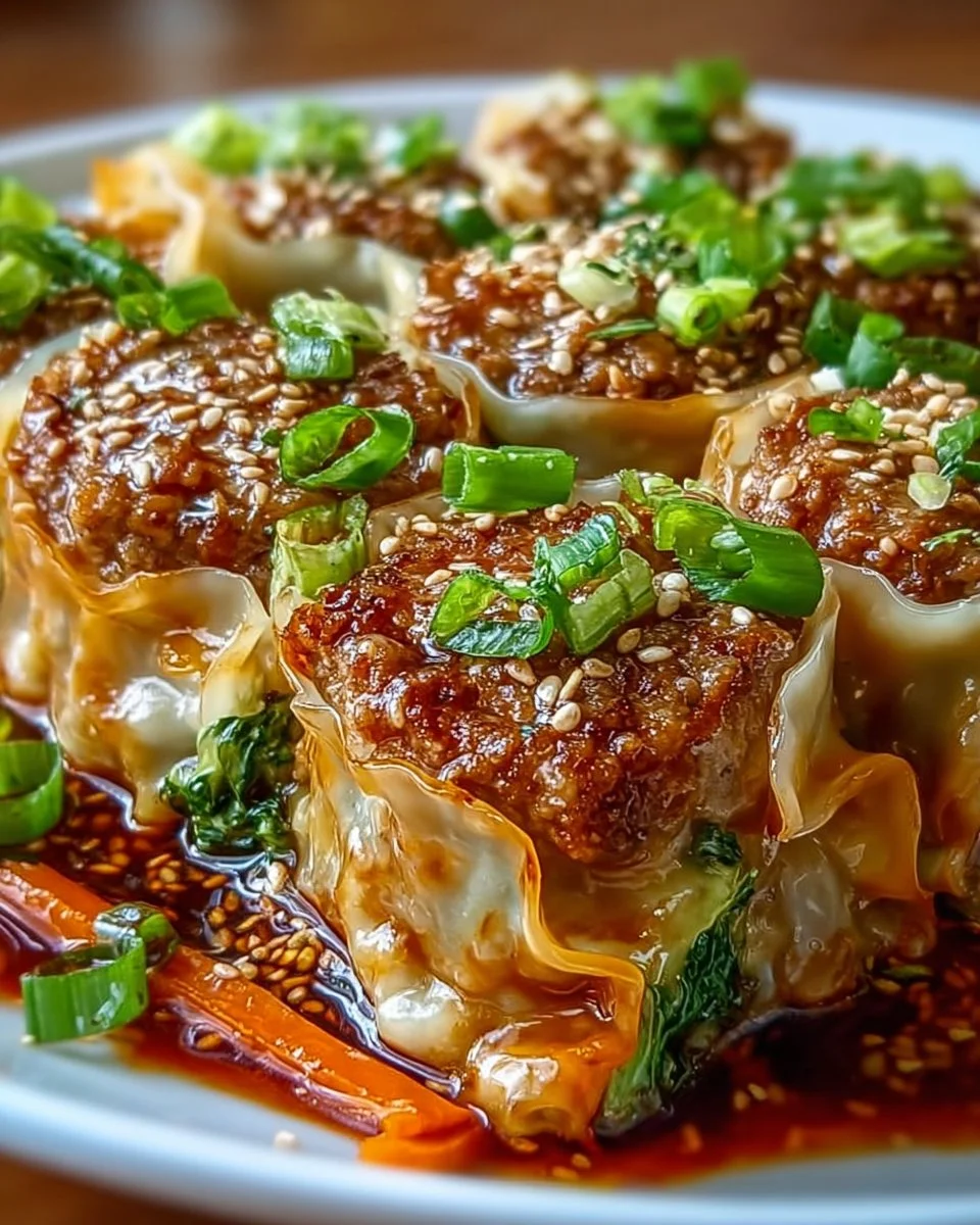 A delicious serving of Asian Dumpling Lasagna with layers of dumplings and sauce.