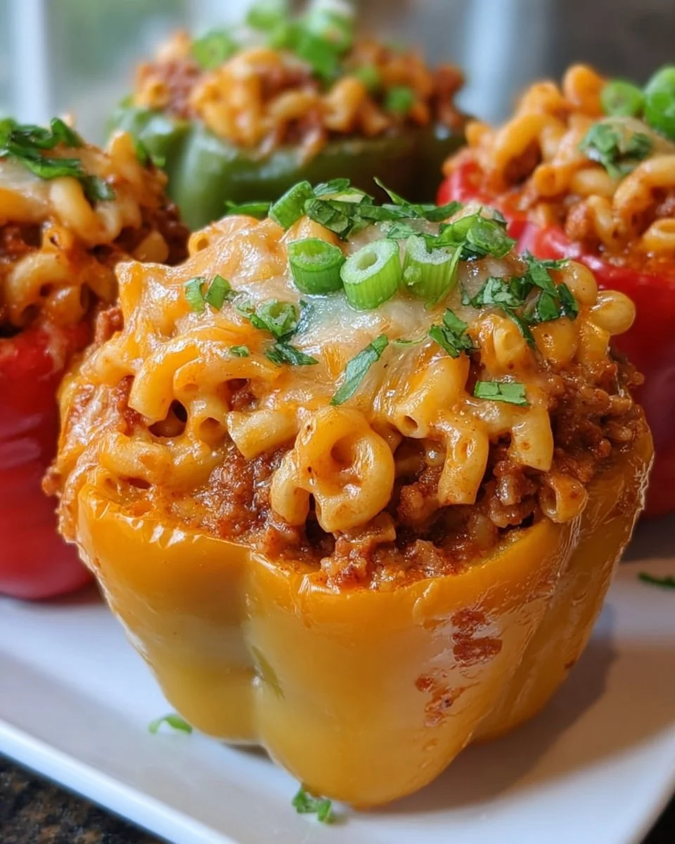 Baked Chili Mac Stuffed Peppers ready to serve