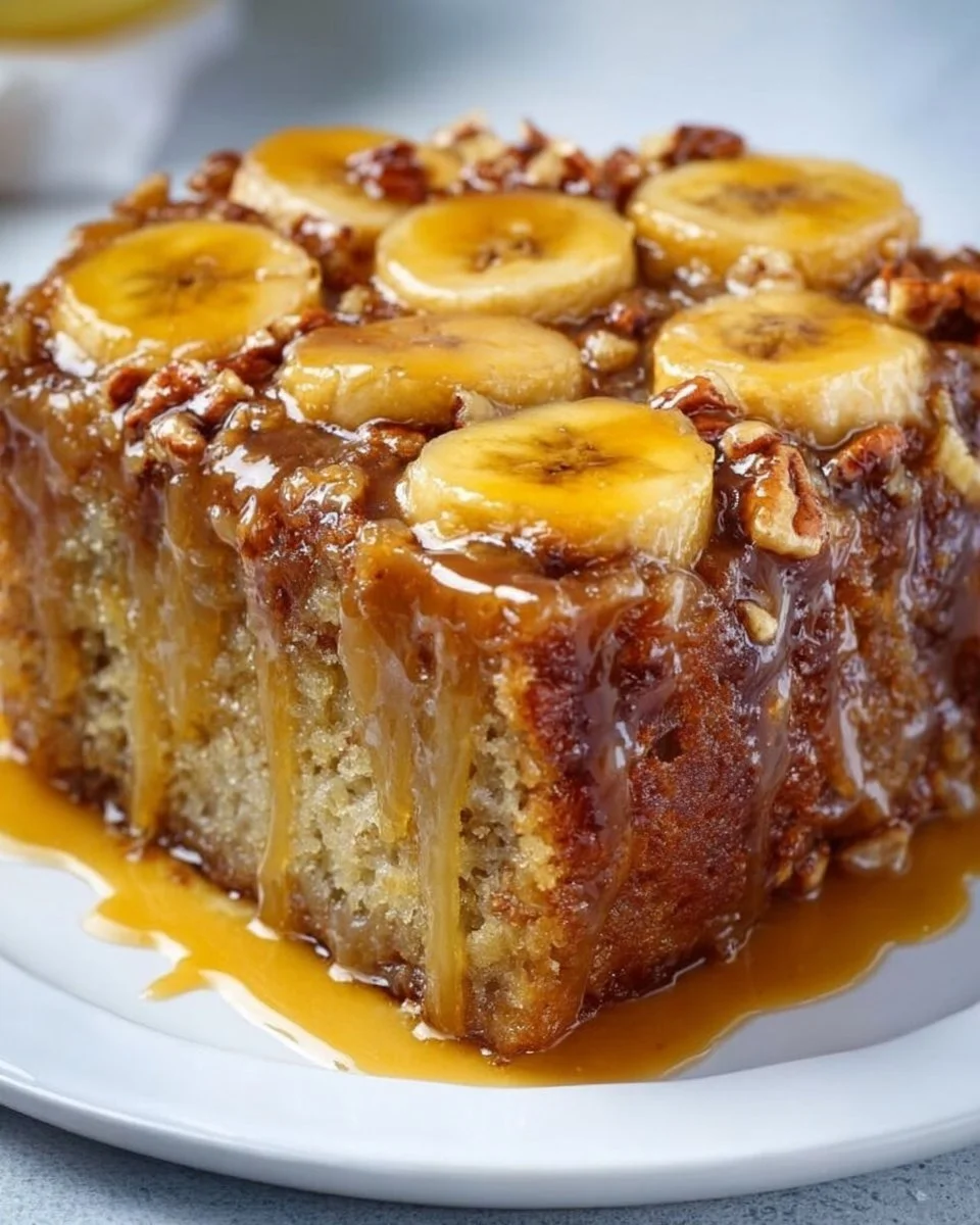 Deliciously baked Banana Upside Down Cake with caramelized bananas on top