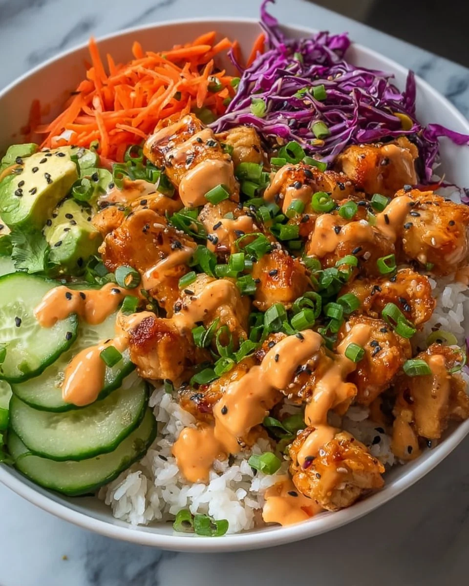 Colorful Bang Bang Chicken Bowl with vegetables and sauce