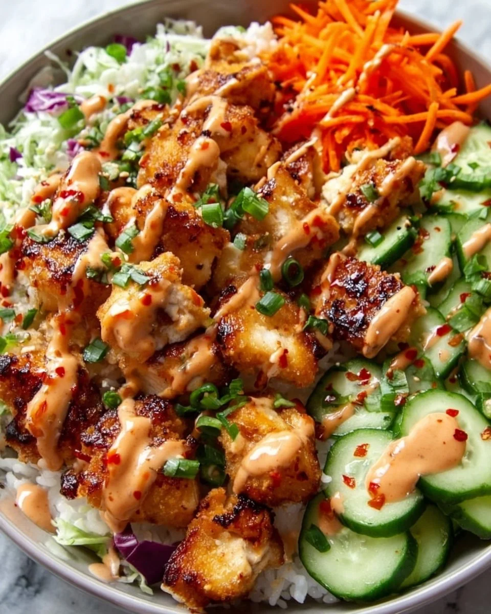 Delicious Bang Bang Chicken Bowl recipe with spicy sauce and fresh ingredients.