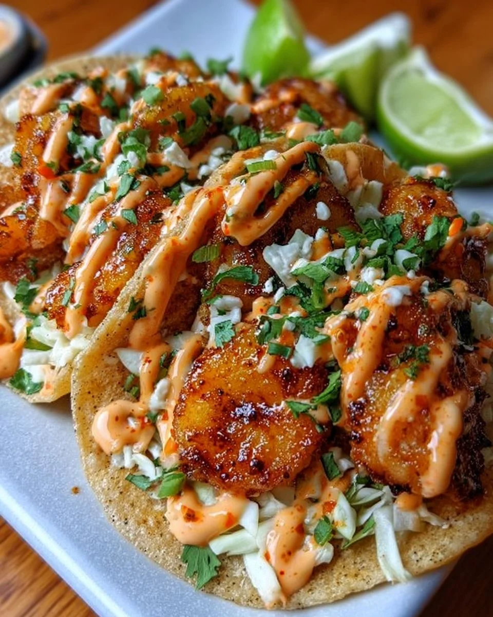 Delicious Bang Bang Shrimp Tacos topped with zesty sauce and fresh ingredients