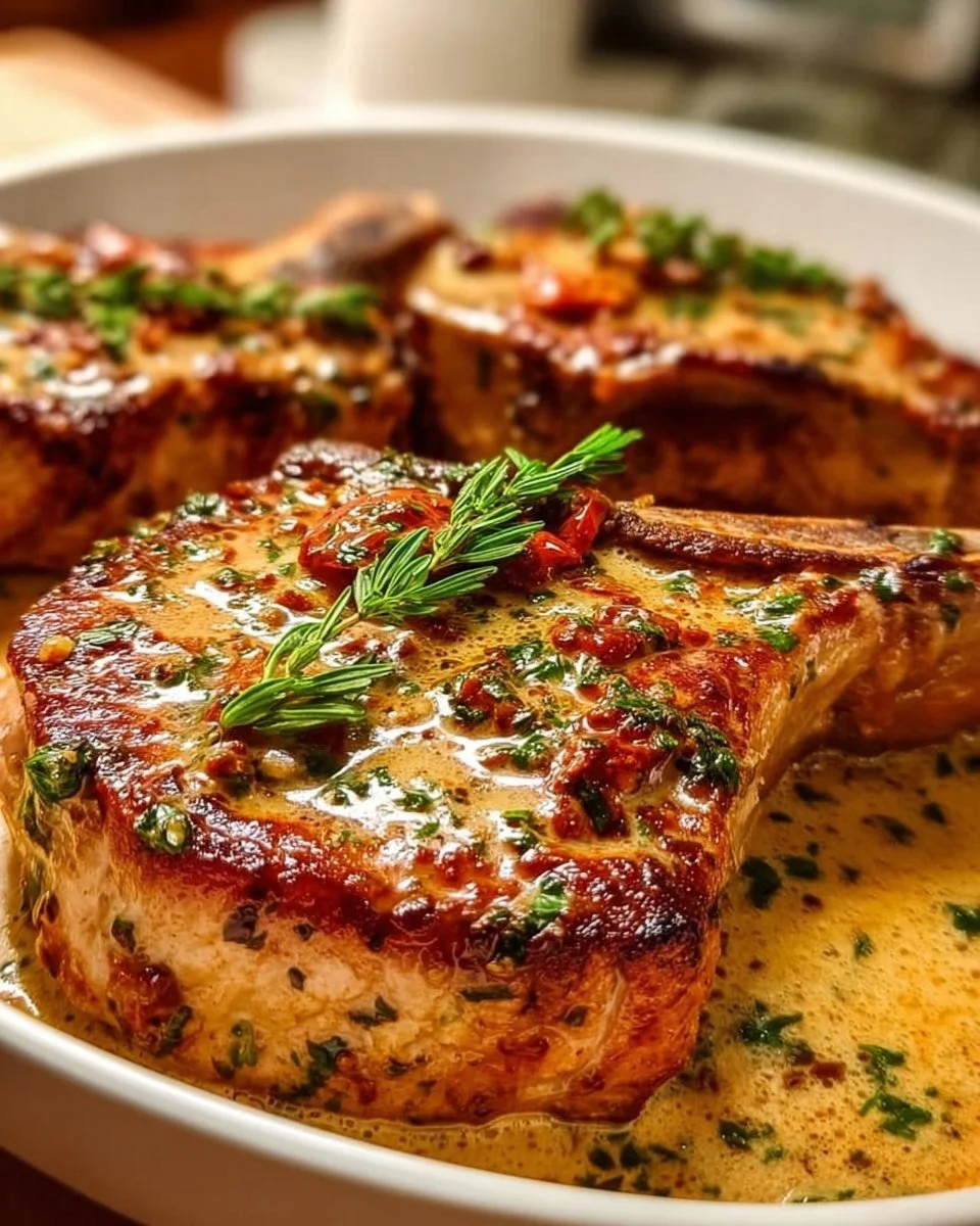 Deliciously cooked Marry Me Pork Chops served on a plate.