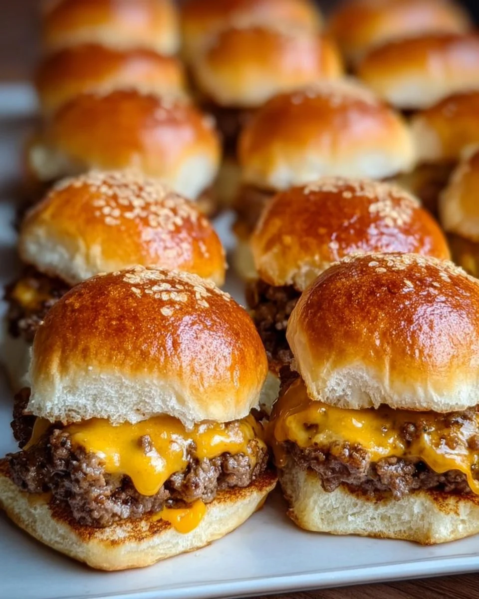 Delicious cheeseburger sliders served on a platter with toppings and condiments.