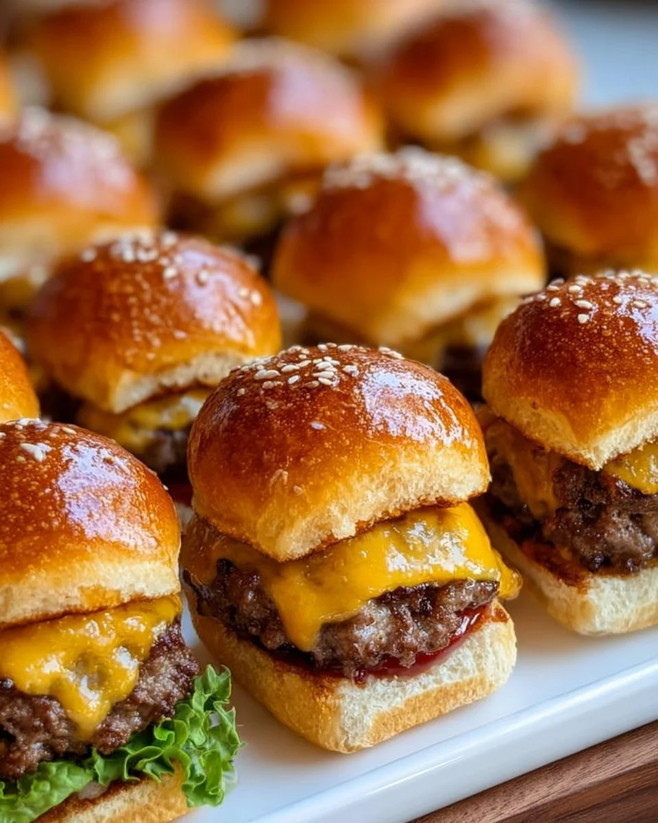 Plate of tasty cheeseburger sliders served with ketchup and pickles.