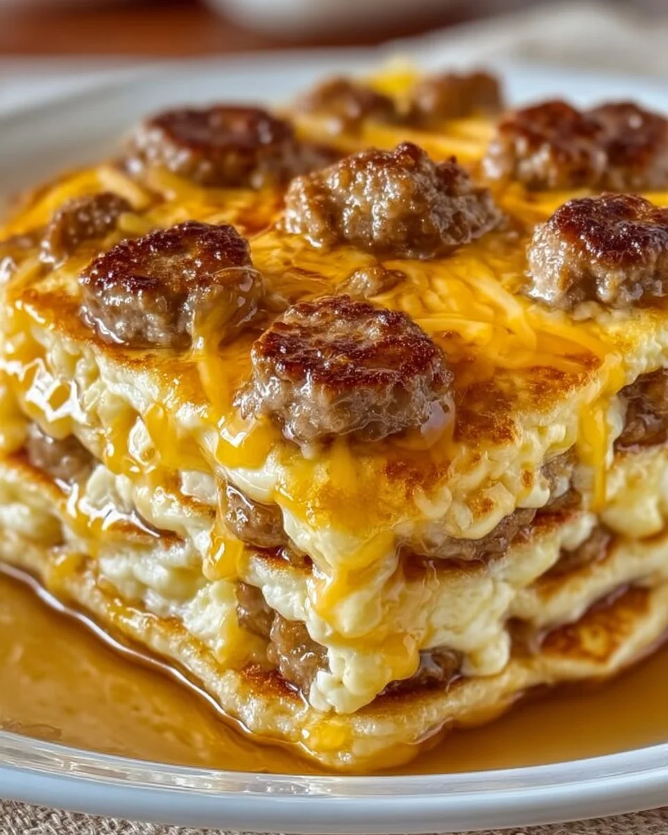 Cheesy Maple Pancake Sausage Bake with syrup drizzle on top