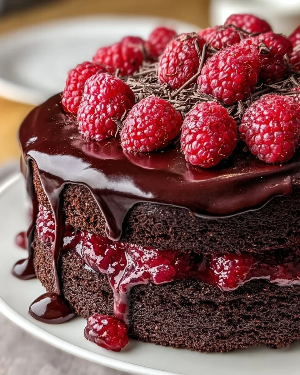Decadent Chocolate Raspberry Cake with rich frosting and fresh raspberries.