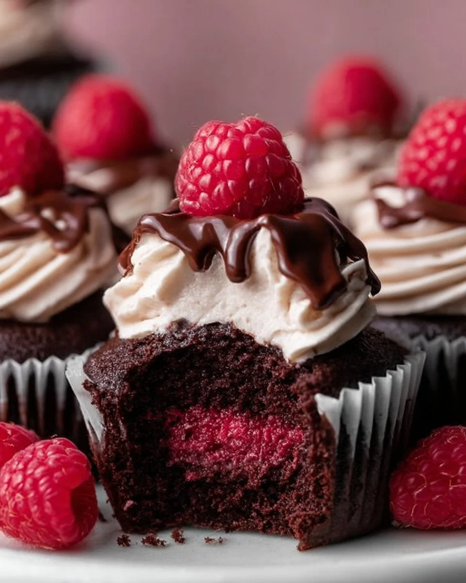 Delicious Chocolate Raspberry Cupcakes topped with raspberry frosting