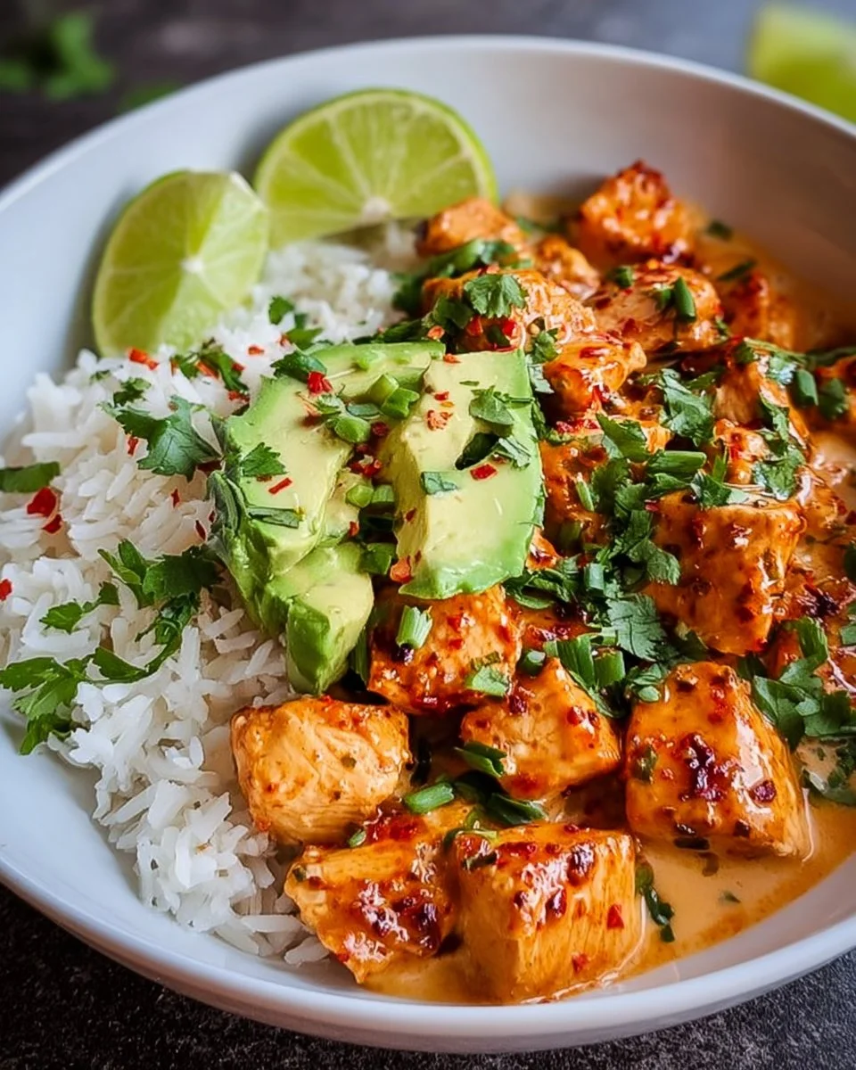 Coconut Chicken Rice Bowl garnished with fresh herbs and served in a bowl.