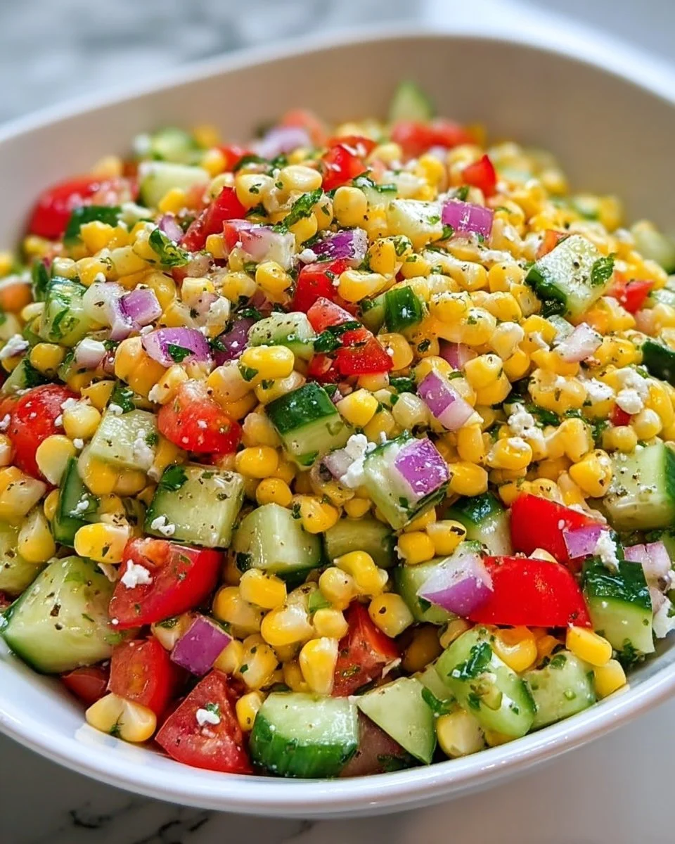 Delicious corn salad with colorful vegetables and fresh herbs