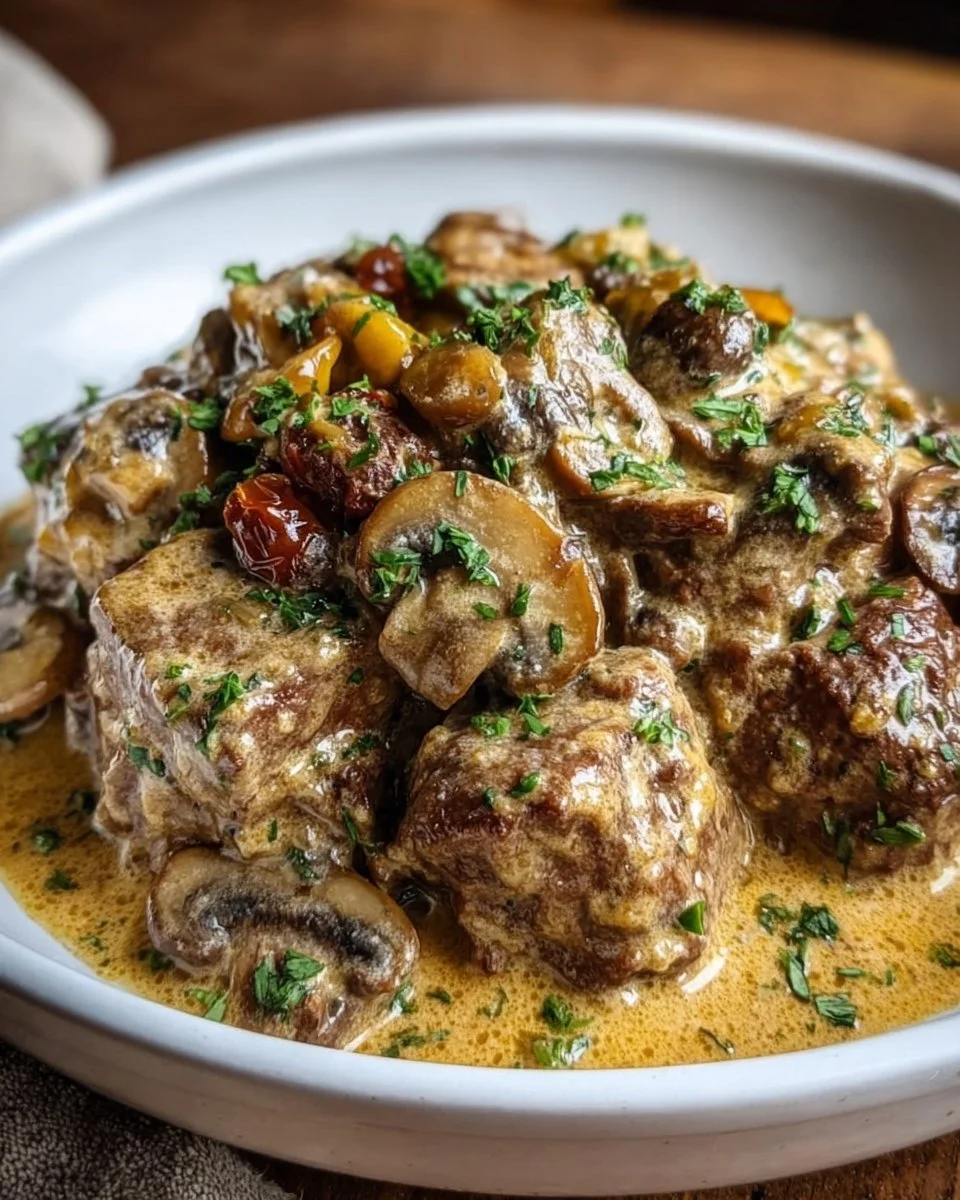 Delicious slow cooker beef stroganoff served in a bowl with herbs