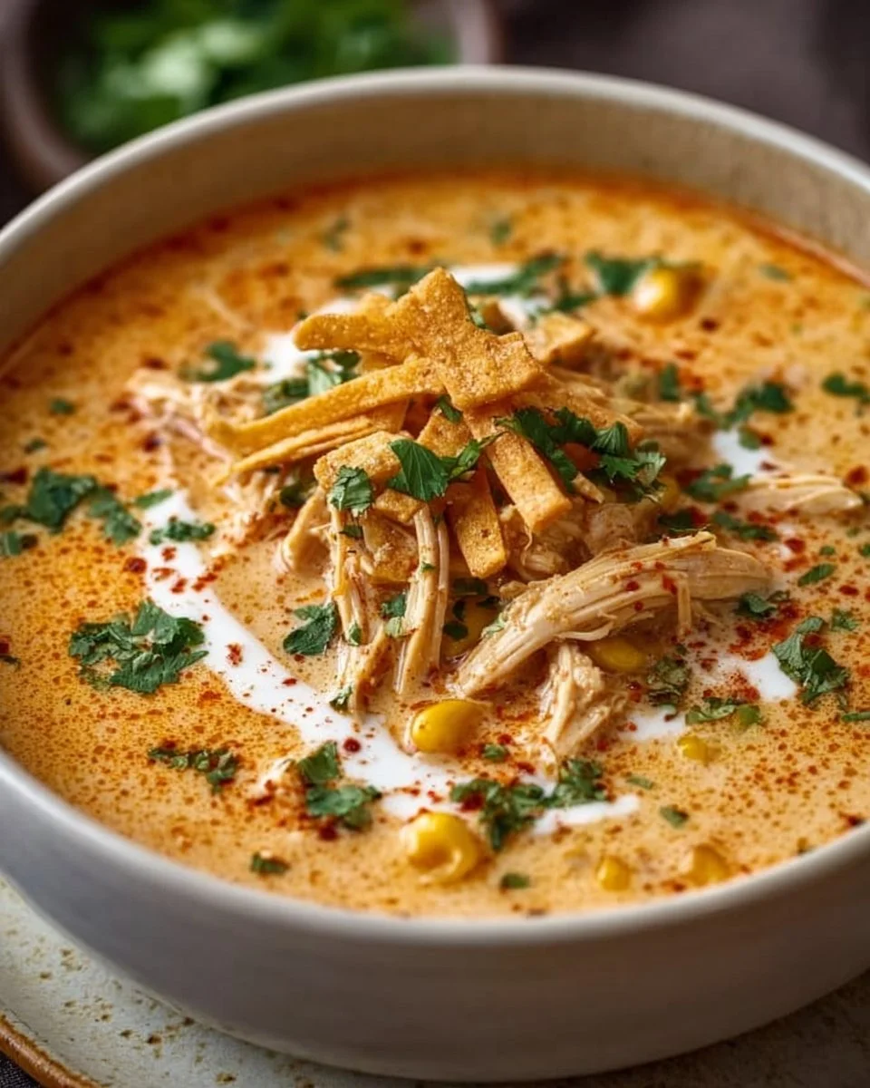 Creamy chicken enchilada soup served in a bowl, garnished with cilantro and tortilla strips.