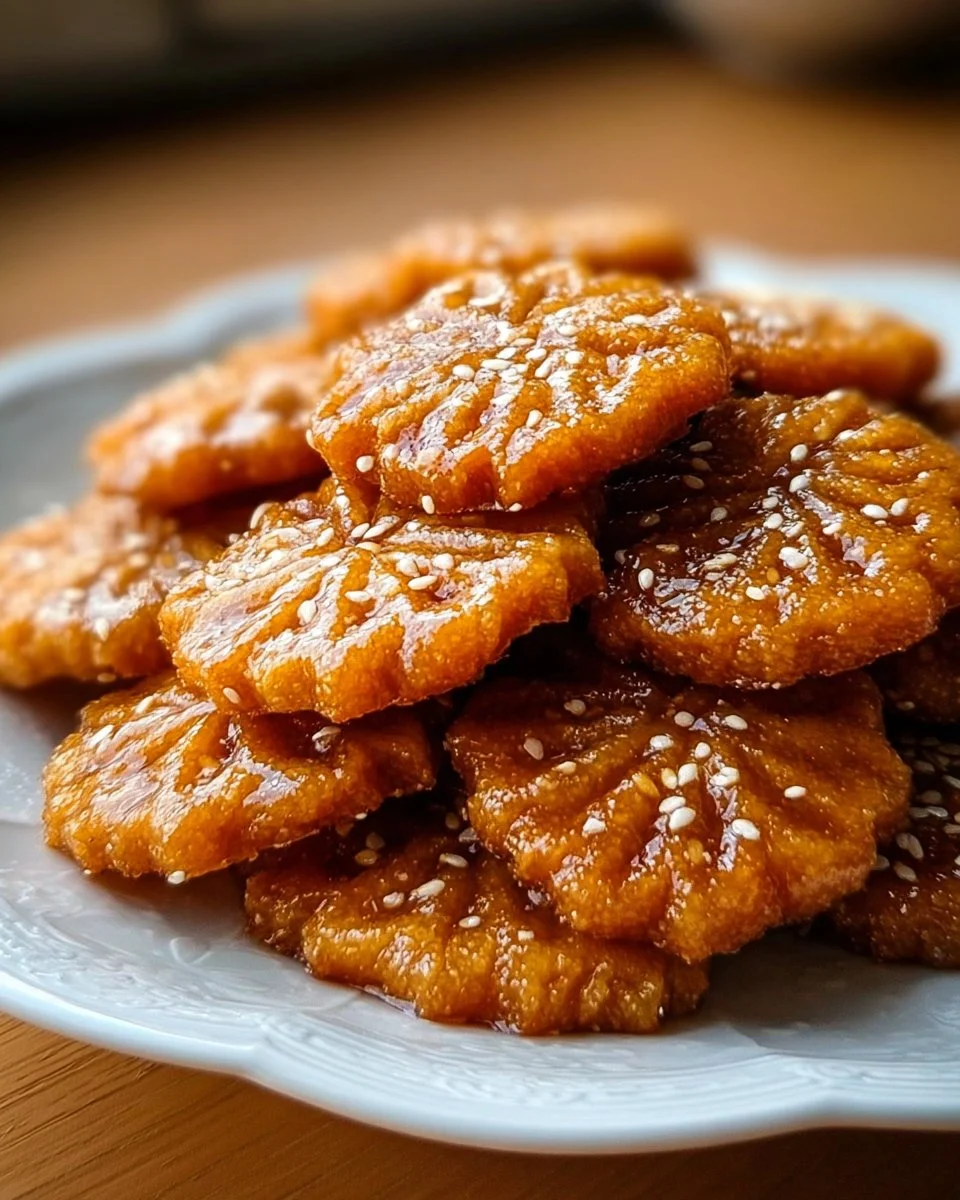 Plate of crispy Yakgwa Korean honey cookies with a drizzle of honey