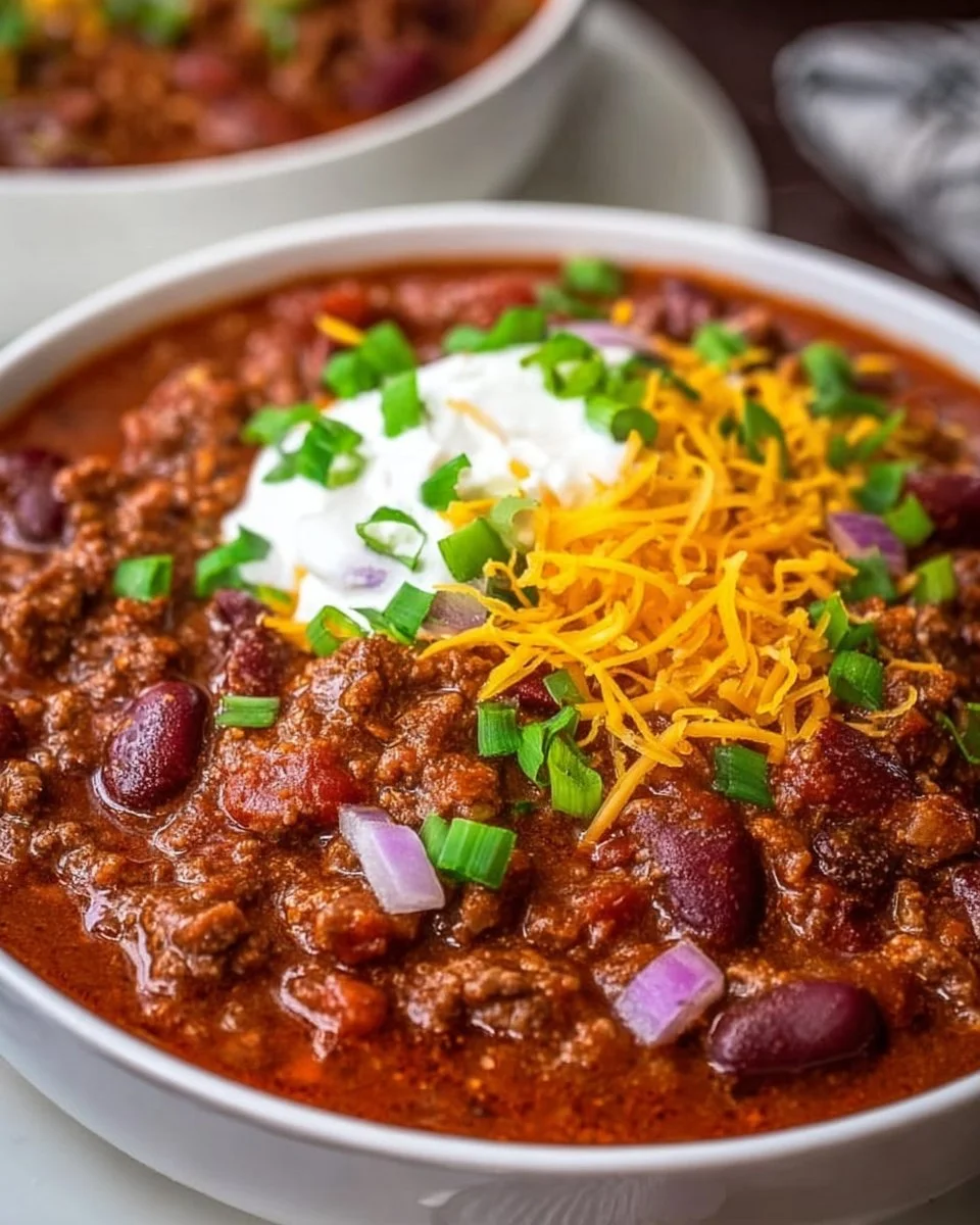 A bowl of delicious Crockpot Chili served with toppings