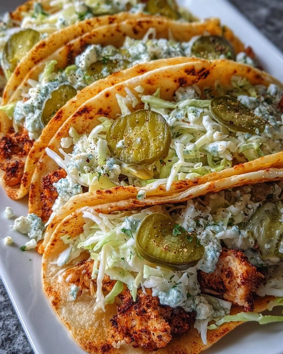 Delicious Dill Pickle Ranch Smash Chicken Tacos topped with crispy cheese