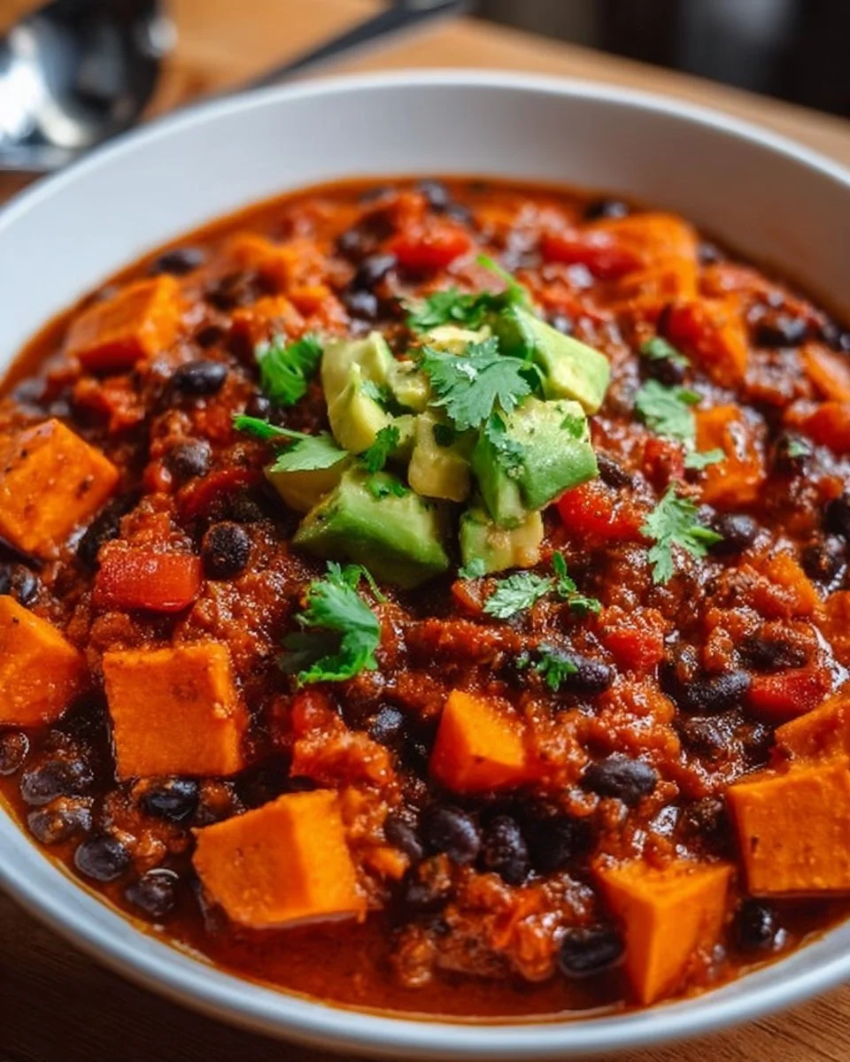 Bowl of easy vegetarian chili with beans, vegetables, and spices