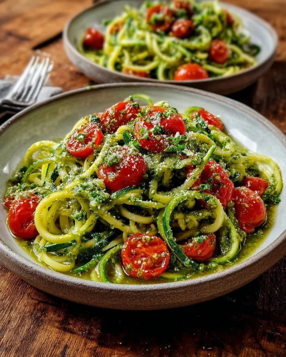 Fresh zucchini noodles served with creamy pesto sauce in a bowl