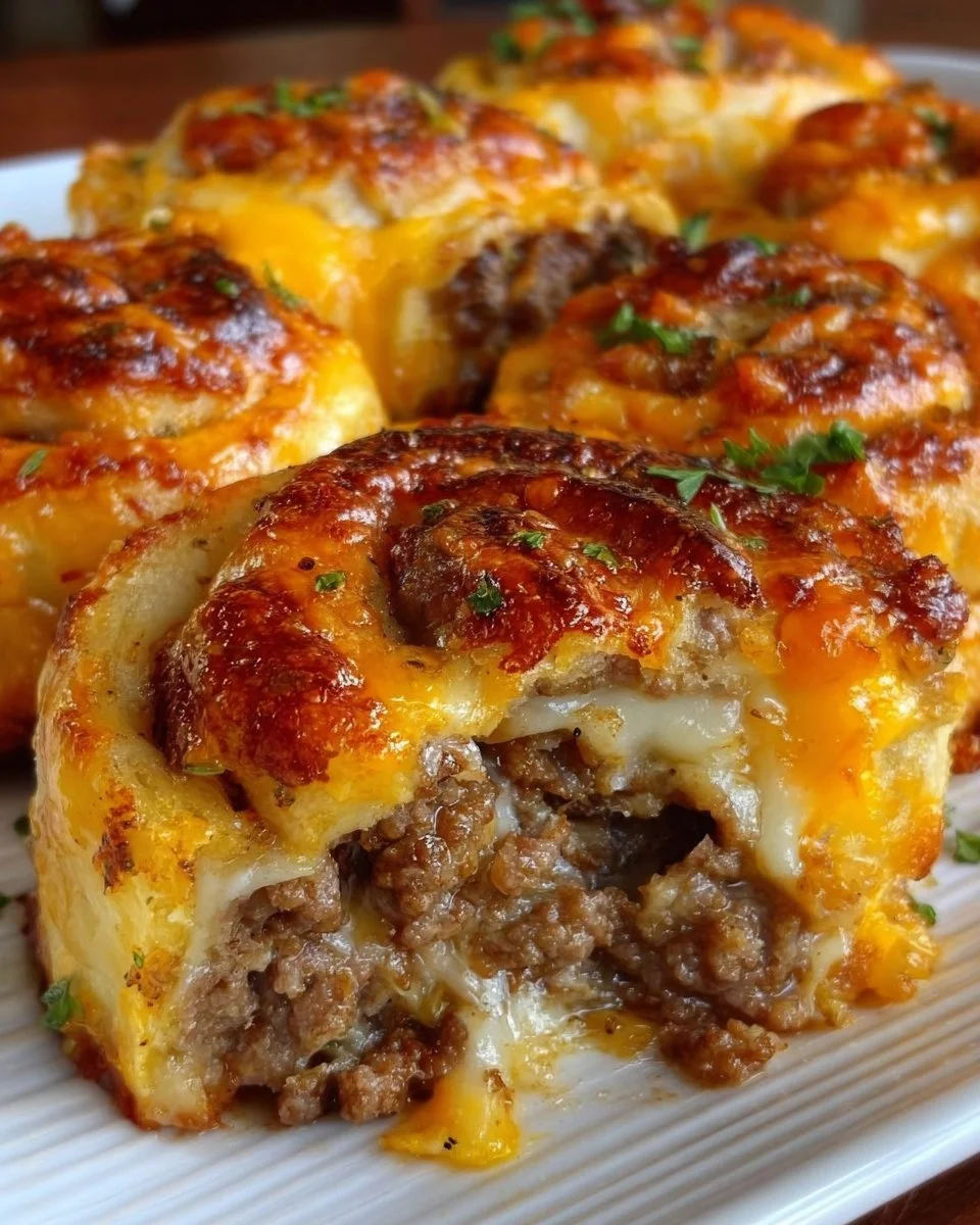 Garlic butter cheeseburger rollups on a plate, ready to serve and enjoy.