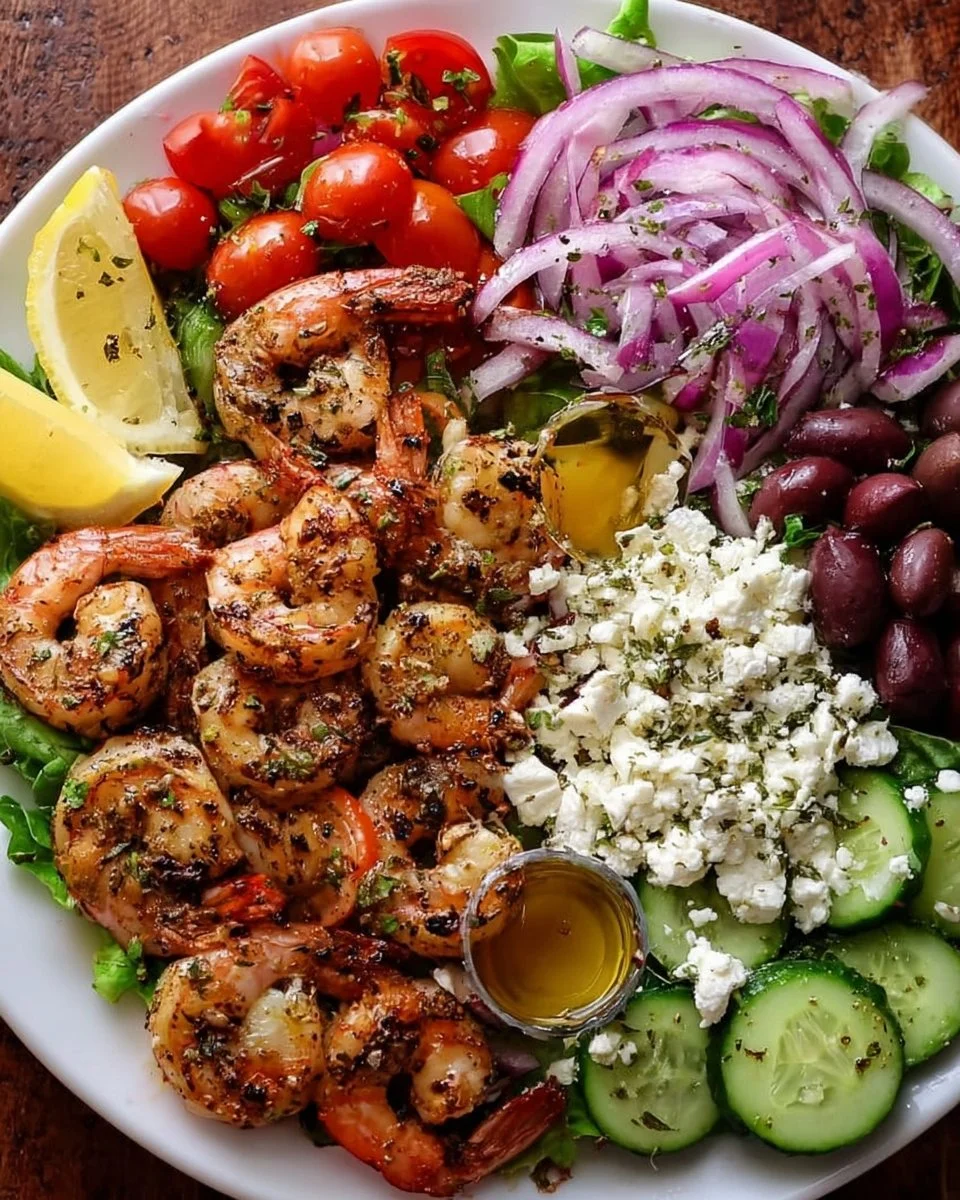 Greek Shrimp Mediterranean Bowl with fresh ingredients and vibrant flavors