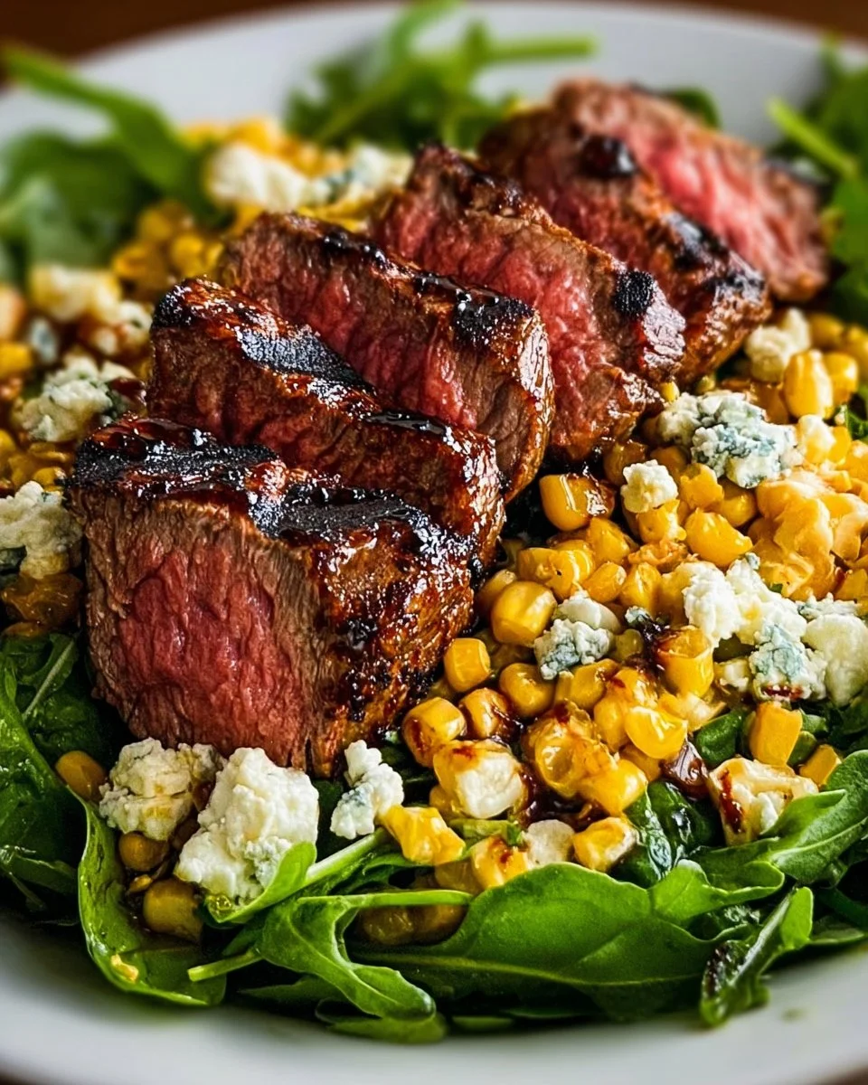 Delicious grilled balsamic steak salad with fresh greens and a savory dressing