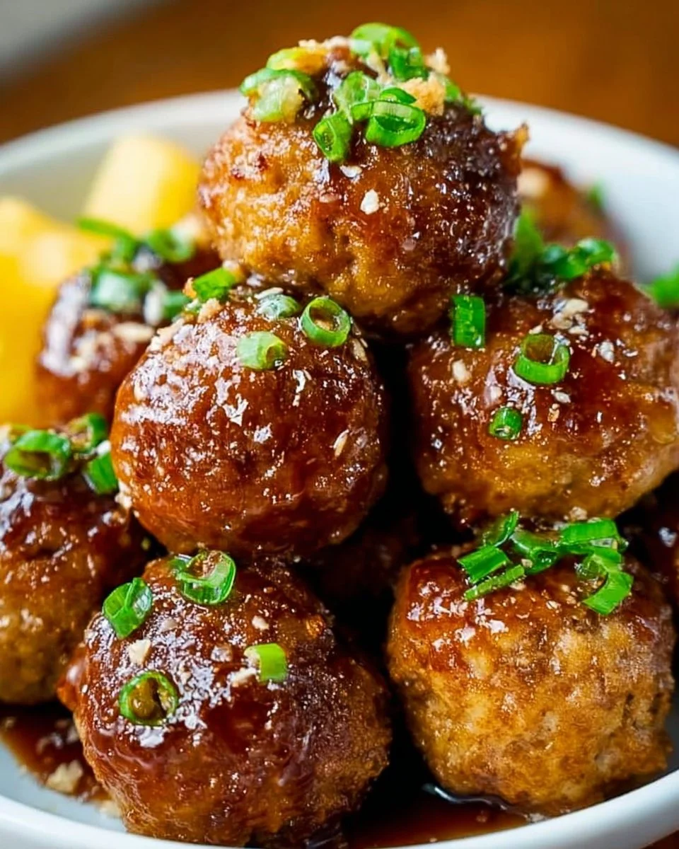 Delicious Hawaiian Meatballs served with pineapple and teriyaki sauce