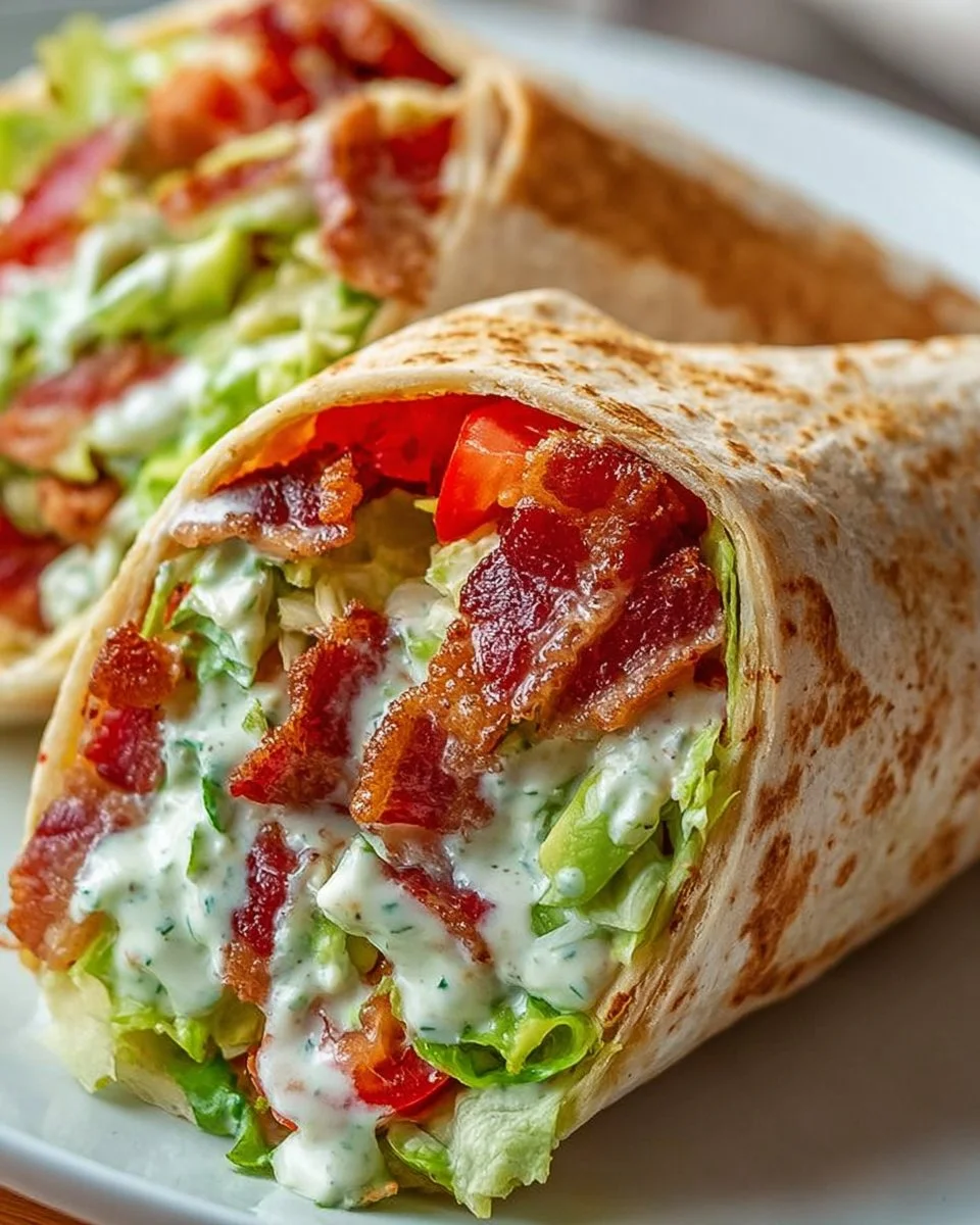 Healthy BLT wraps with secret sauce, crispy bacon, lettuce, and tomato.