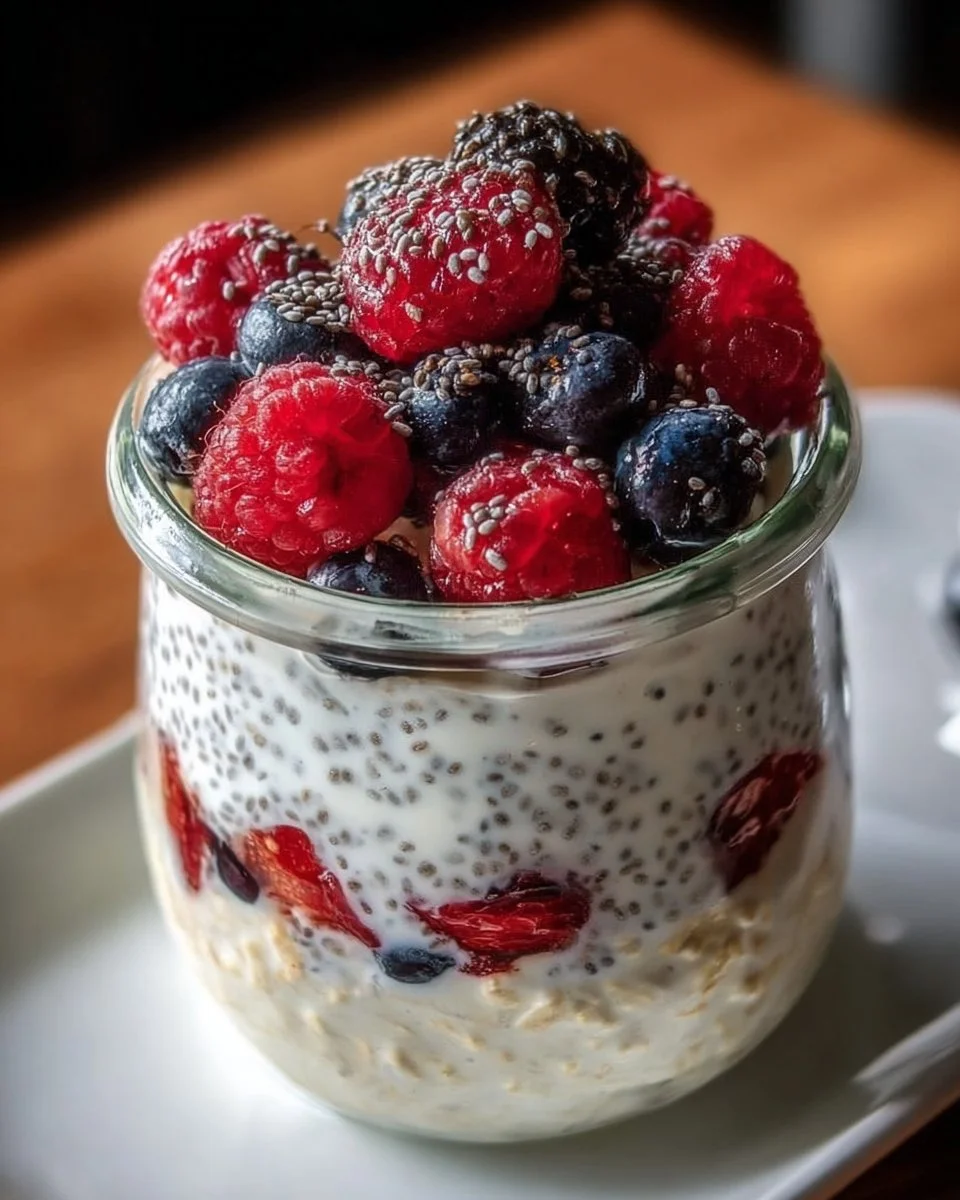 Bowl of healthy overnight oats topped with fresh berries and chia seeds