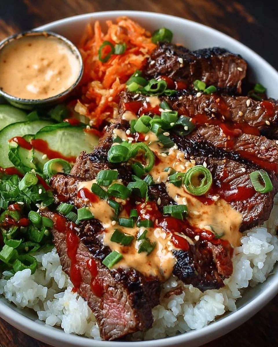 Korean BBQ steak rice bowls with spicy cream sauce on a table