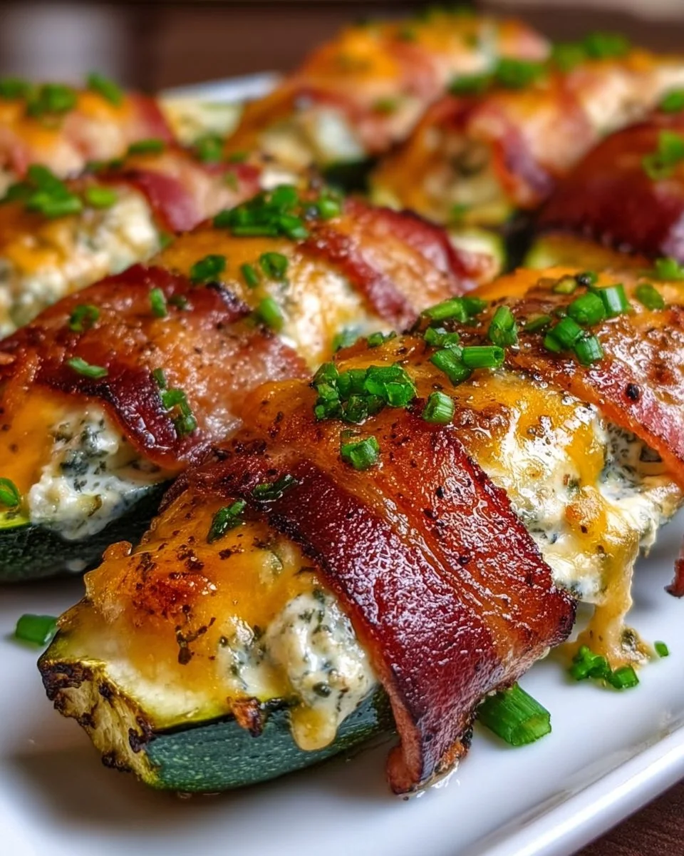 Delicious keto bacon-wrapped zucchini boats ready to serve as a healthy dish