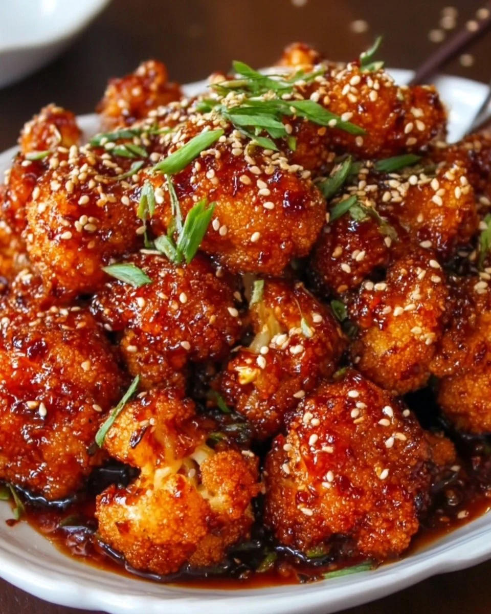 Plate of Korean Baked Cauliflower topped with sesame seeds and green onions