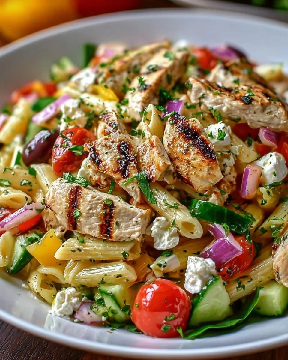 Bowl of Mediterranean Chicken Pasta Salad with fresh vegetables and herbs