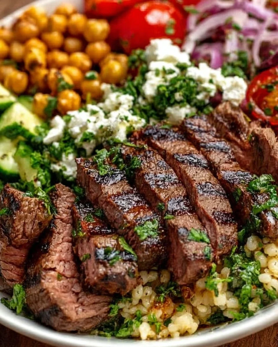 Delicious Mediterranean steak bowl garnished with fresh vegetables and herbs