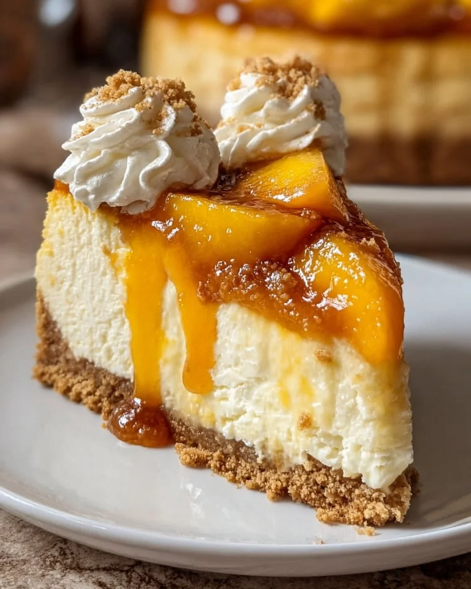 Delicious Peach Cobbler Cheesecake topped with fresh peaches and cobbler crust.