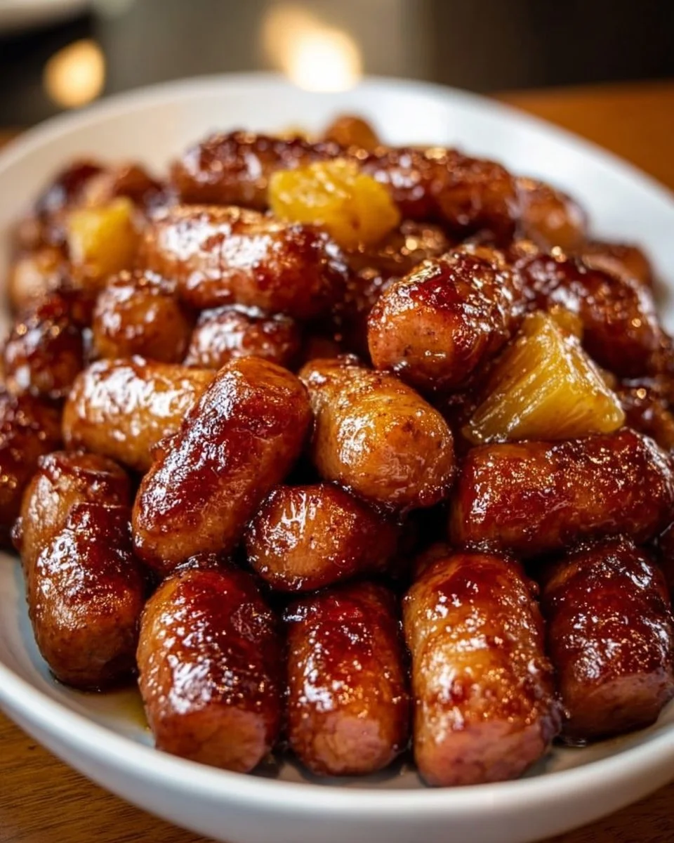 Pineapple Brown Sugar Mississippi Little Smokies appetizer served on a platter