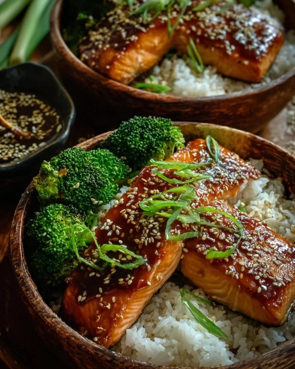 Quick Teriyaki Salmon Bowls ready in 20 minutes, featuring salmon and veggies.