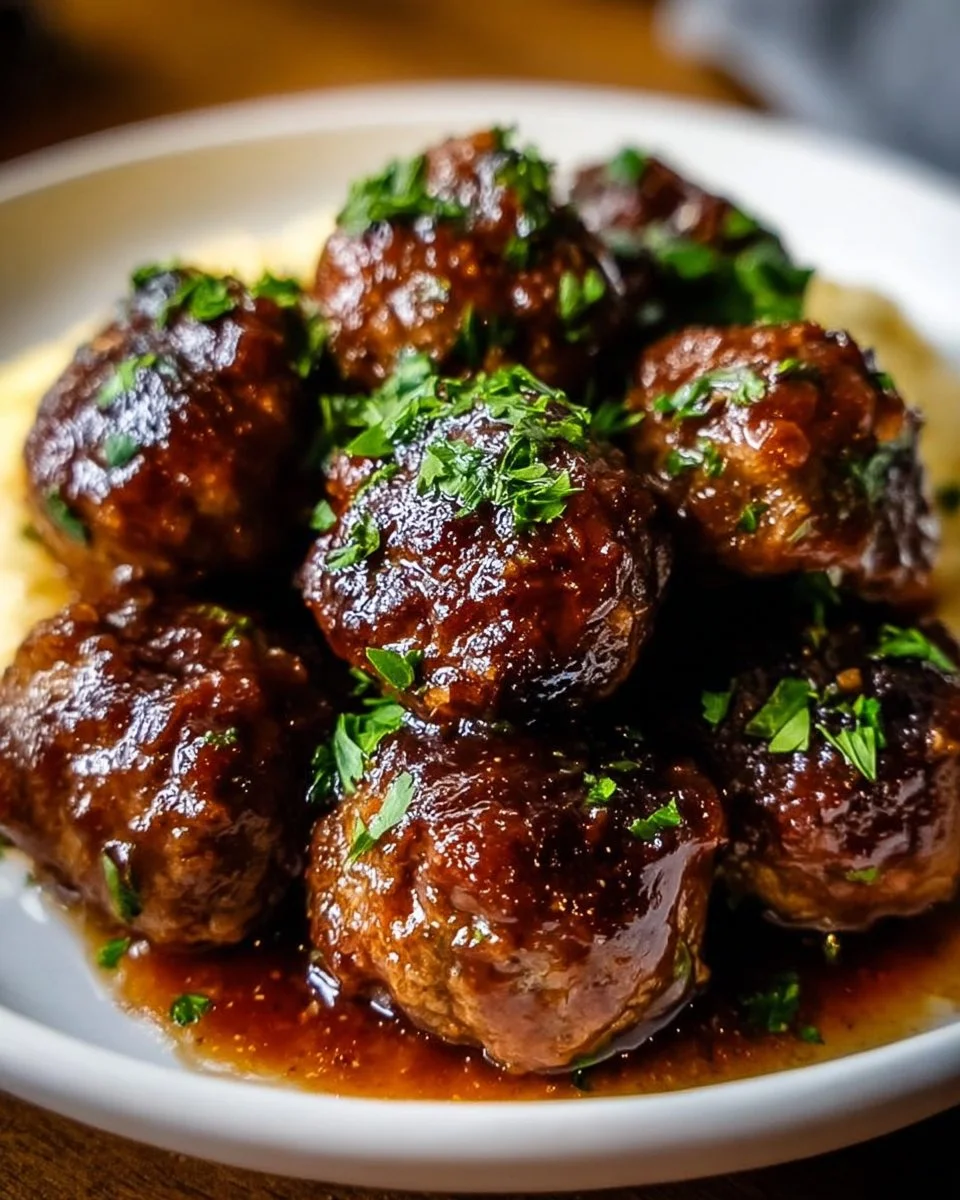 Delicious red wine braised meatballs served in a rich sauce.