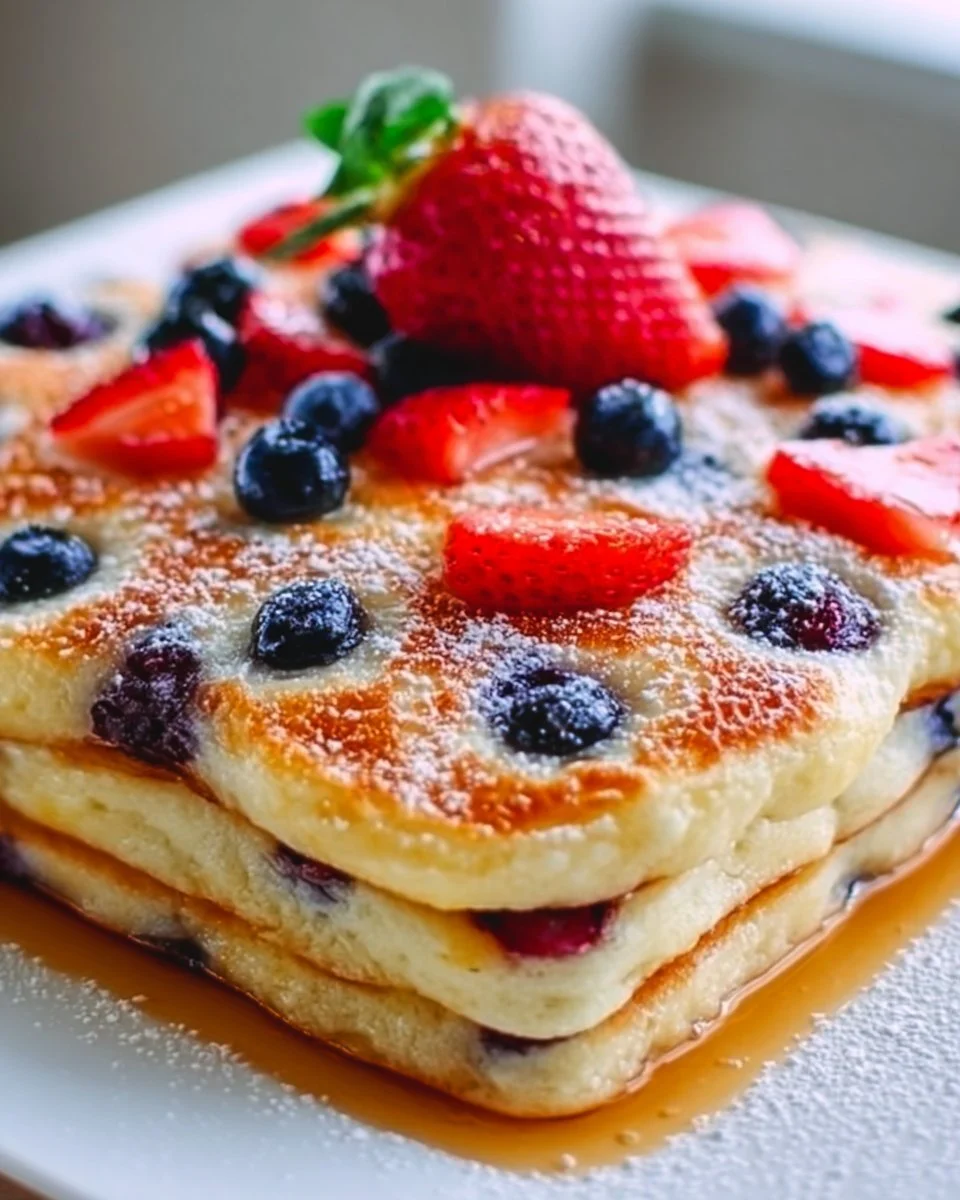 Sheet pan pancakes topped with fresh berries and syrup on a serving platter.