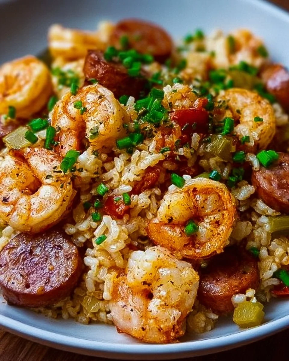Delicious shrimp and sausage dirty rice dish served on a plate