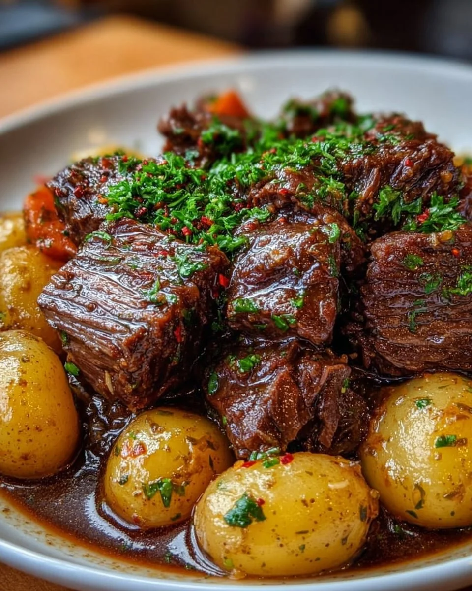 Delicious slow cooker garlic butter beef with tender potatoes