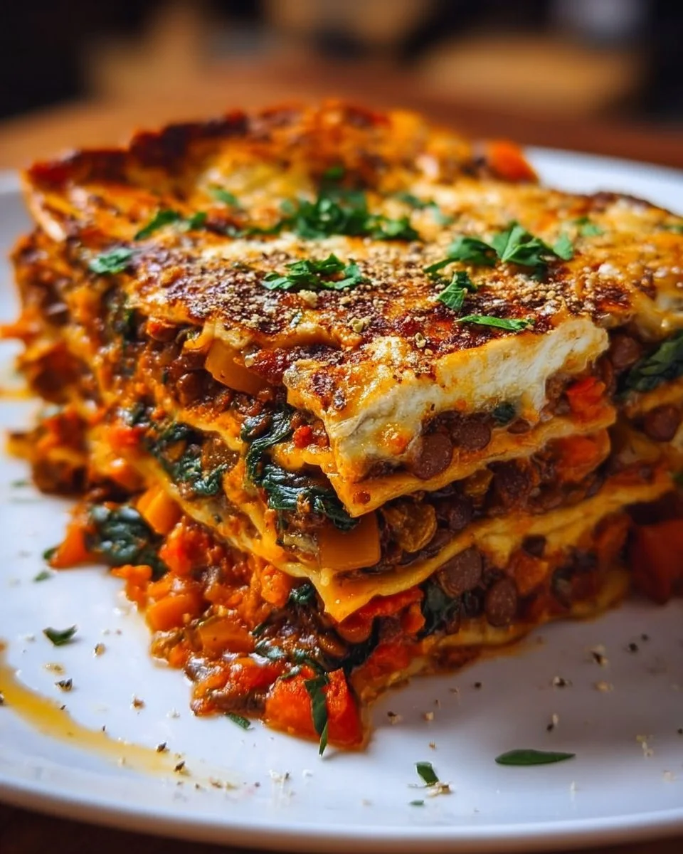 Smoky Veggie Lentil Lasagna with layers of lentils and vegetables