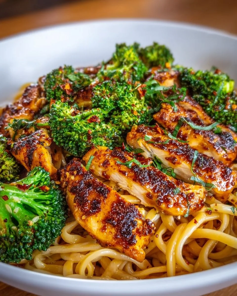 Delicious Spicy Garlic Chicken and Broccoli Noodle Bowls on a plate