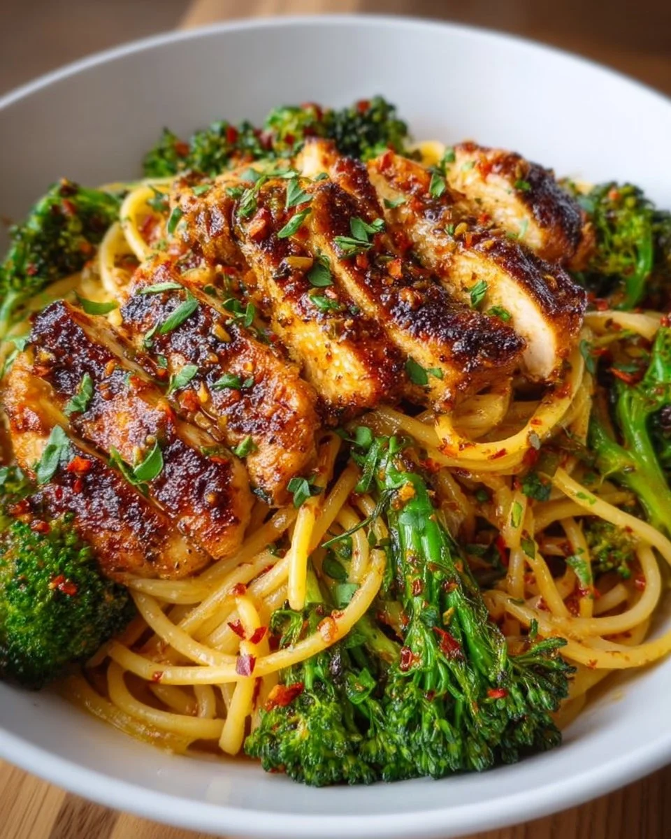 Bowl of spicy garlic chicken with broccoli and noodles, garnished with herbs