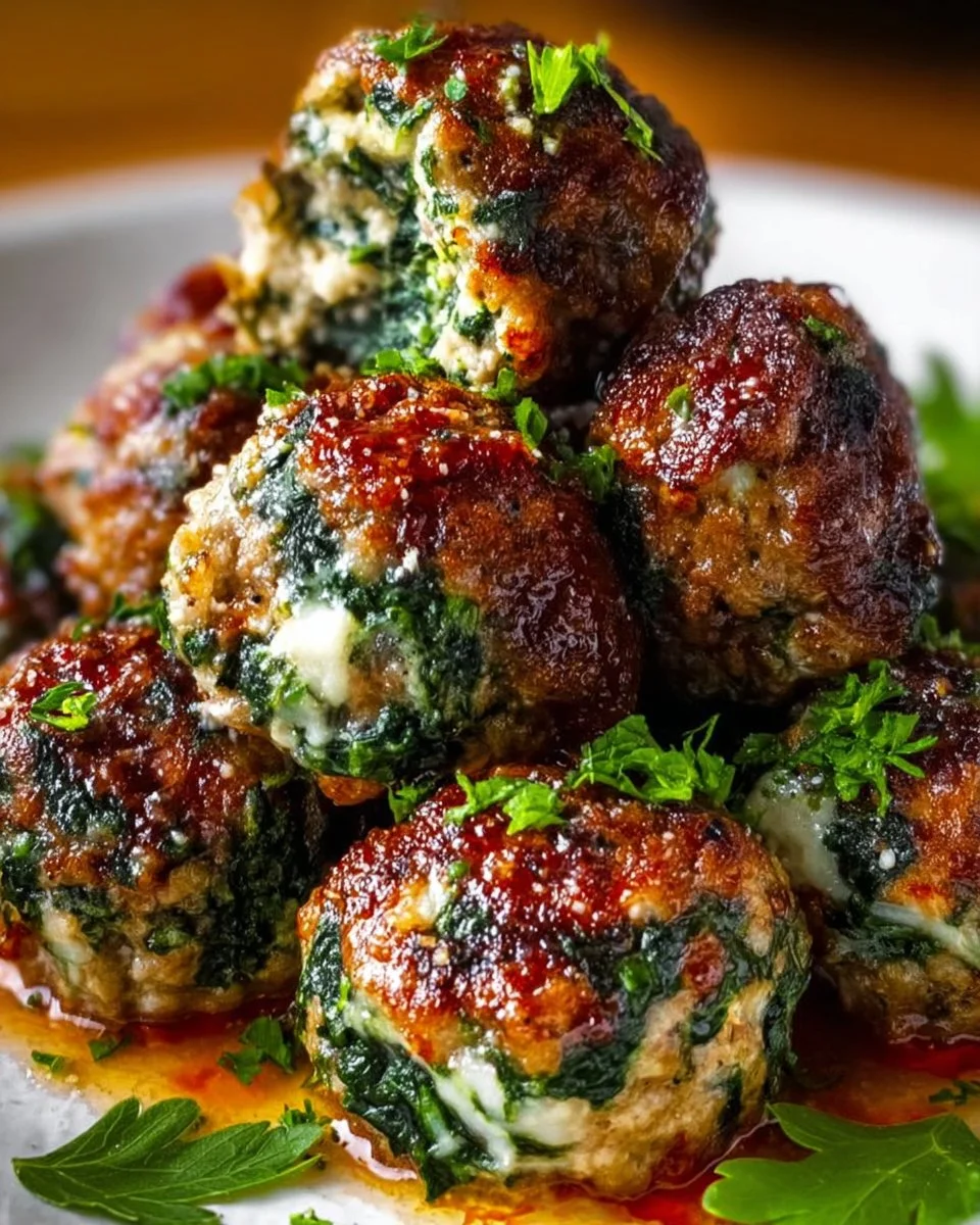 Delicious spinach garlic meatballs on a plate, ready to serve.