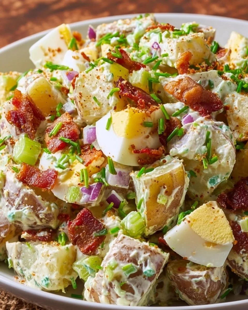 Delicious steakhouse potato salad with creamy dressing and fresh herbs.