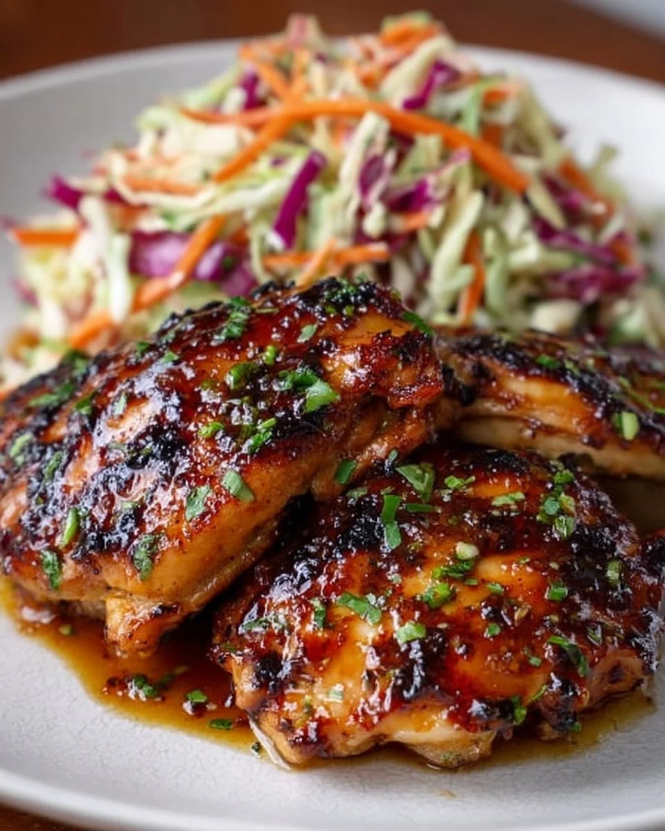 Sticky Apple Cider Chicken served with a fresh autumn slaw on a rustic plate