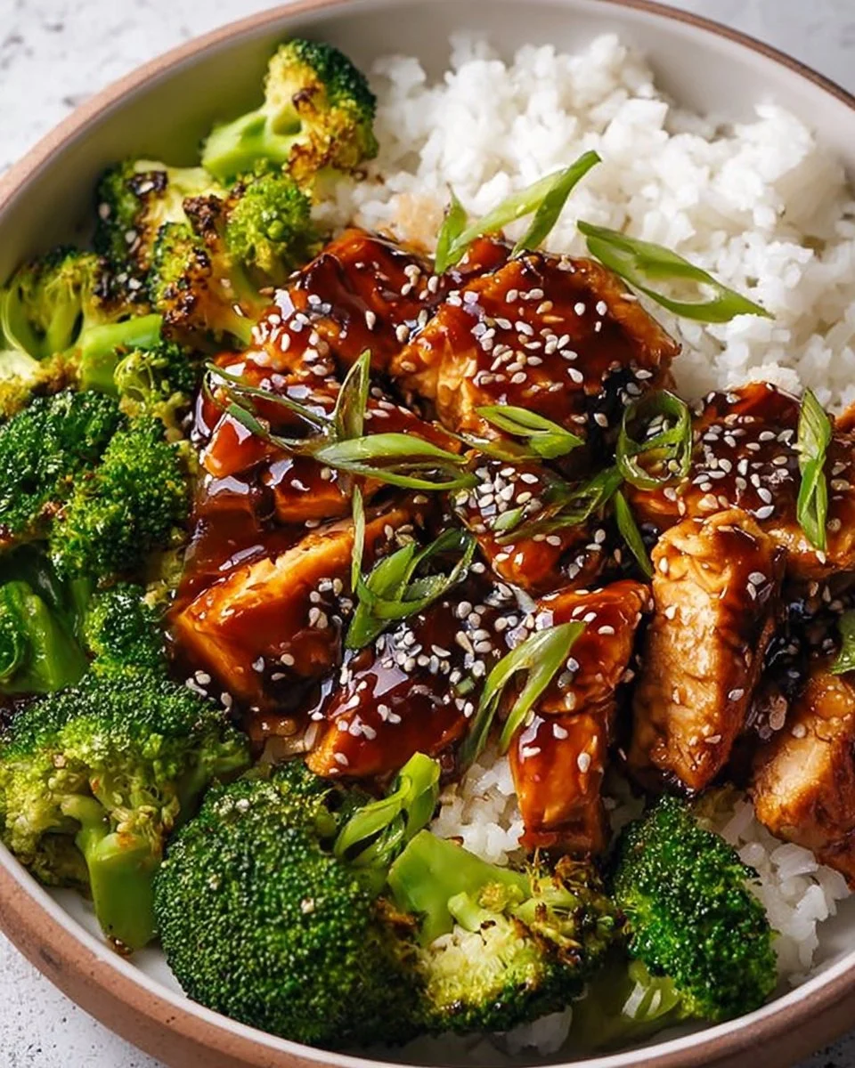 Delicious sticky chicken rice bowls topped with fresh herbs and vegetables.
