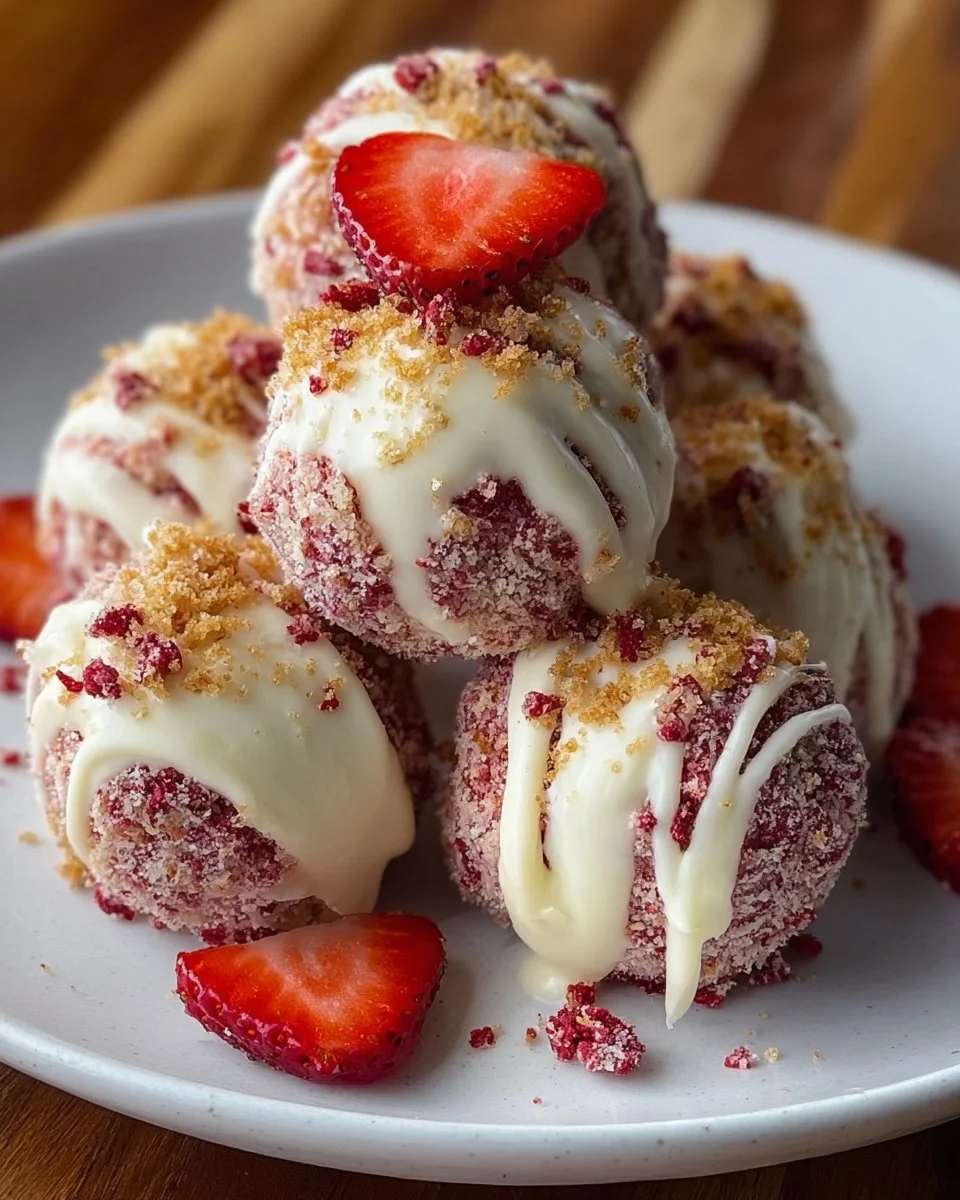Strawberry Cheesecake Truffle Balls ready to be enjoyed as a sweet dessert