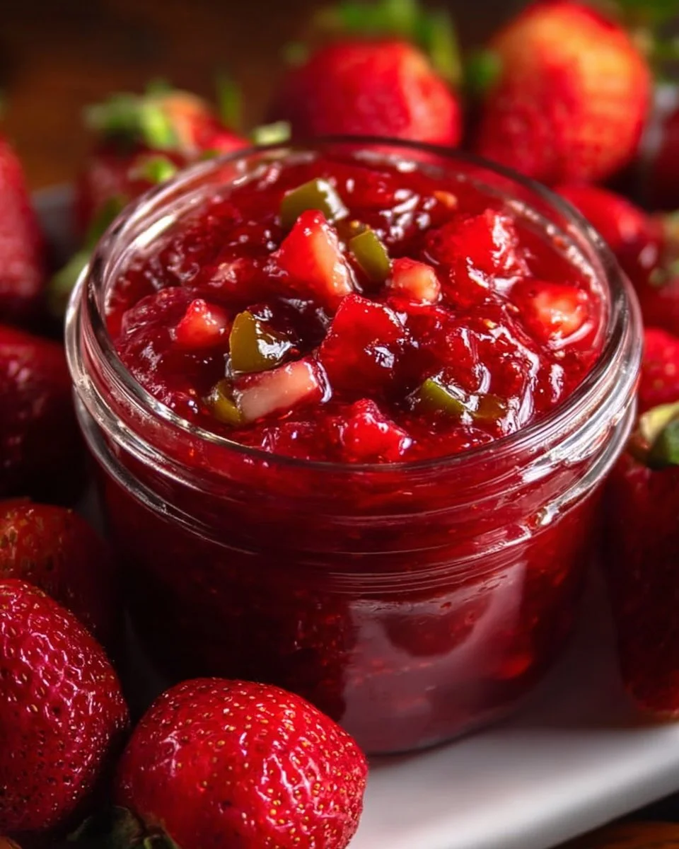 Jar of homemade Strawberry Jalapeno Jam with fresh strawberries and jalapenos