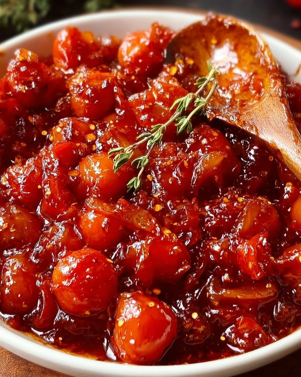 A jar of sweet and spicy homemade cherry tomato jam on a wooden table